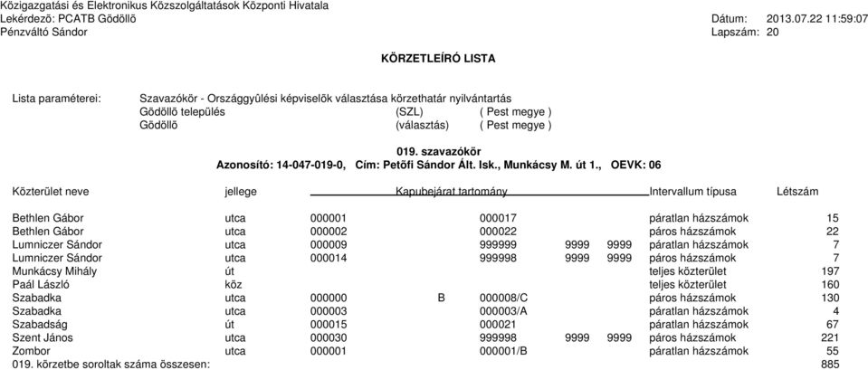 Lumniczer Sándor utca 000014 999998 9999 9999 páros házszámok 7 Munkácsy Mihály út teljes közterület 197 Paál László köz teljes közterület 160 Szabadka utca 000000 B 000008/C páros