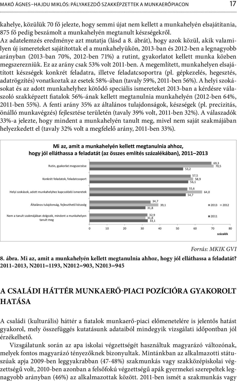 ábrát), hogy azok közül, akik valamilyen új ismereteket sajátítottak el a munkahelyükön, 2013-ban és 2012-ben a legnagyobb arányban (2013-ban 70%, 2012-ben 71%) a rutint, gyakorlatot kellett munka