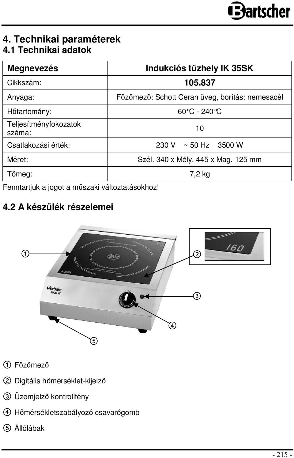 érték: 230 V ~ 50 Hz 3500 W Méret: Tömeg: Fenntartjuk a jogot a műszaki változtatásokhoz! 4.2 A készülék részelemei 10 Szél.