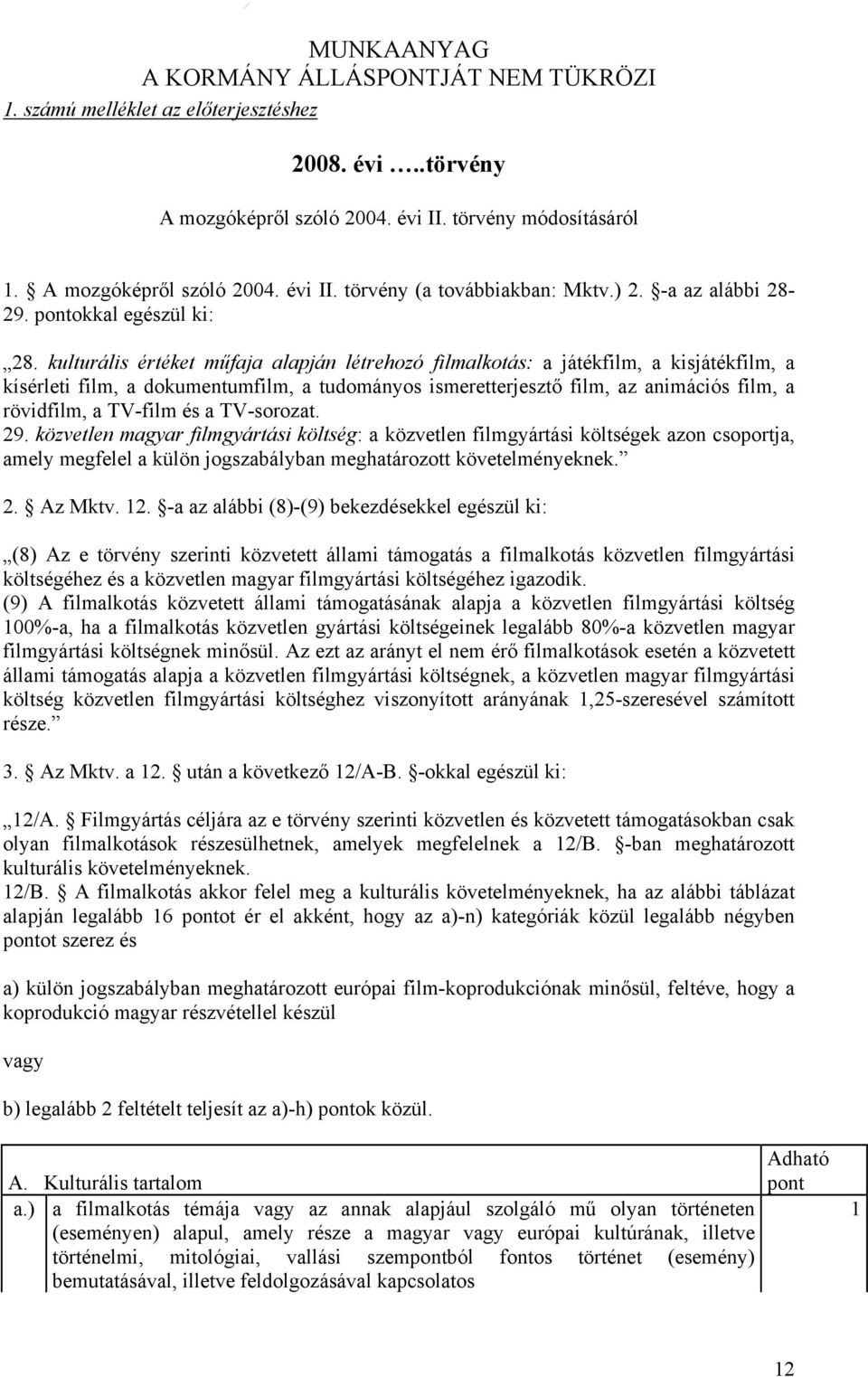 kulturális értéket műfaja alapján létrehozó filmalkotás: a játékfilm, a kisjátékfilm, a kísérleti film, a dokumentumfilm, a tudományos ismeretterjesztő film, az animációs film, a rövidfilm, a TV-film