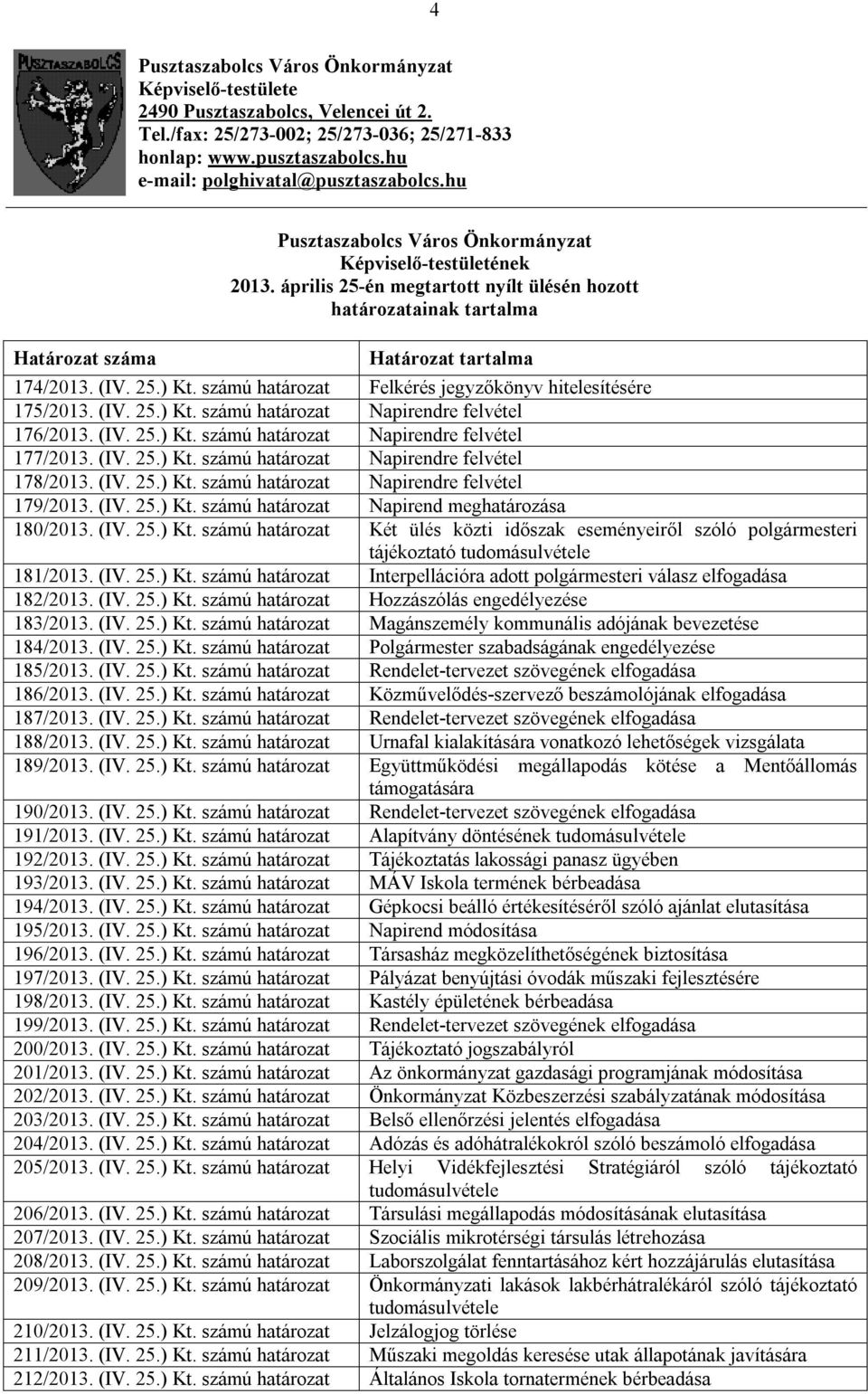 április 25-én megtartott nyílt ülésén hozott határozatainak tartalma Határozat tartalma 174/2013. (IV. 25.) Kt. számú határozat Felkérés jegyzőkönyv hitelesítésére 175/2013. (IV. 25.) Kt. számú határozat Napirendre felvétel 176/2013.