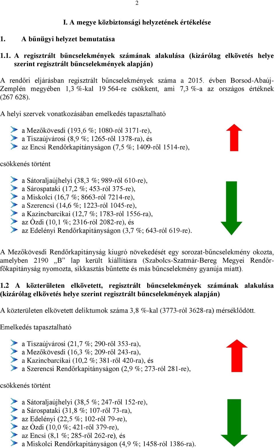 A helyi szervek vonatkozásában emelkedés tapasztalható a Mezőkövesdi (193,6 %; 1080-ról 3171-re), a Tiszaújvárosi (8,9 %; 1265-ről 1378-ra), és az Encsi Rendőrkapitányságon (7,5 %; 1409-ről 1514-re),