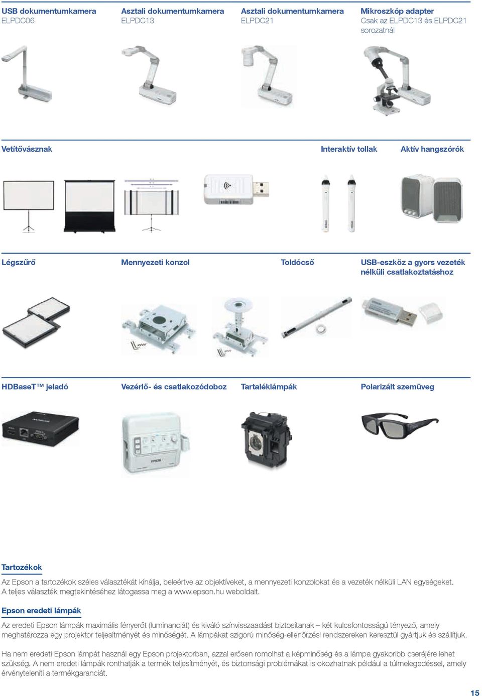 tartozékok széles választékát kínálja, beleértve az objektíveket, a mennyezeti konzolokat és a vezeték nélküli LAN egységeket. A teljes választék megtekintéséhez látogassa meg a www.epson.