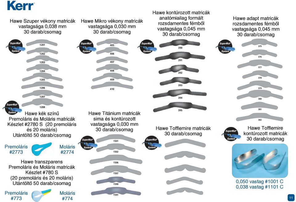 379 1207 394 380 1208 Hawe kék szín Premoláris és Moláris matricák Készlet #2780 S (20 premoláris és 20 moláris) Utántölt 50 darab/csomag Premoláris #2773 Moláris #2774 Hawe Titánium matricák sima és