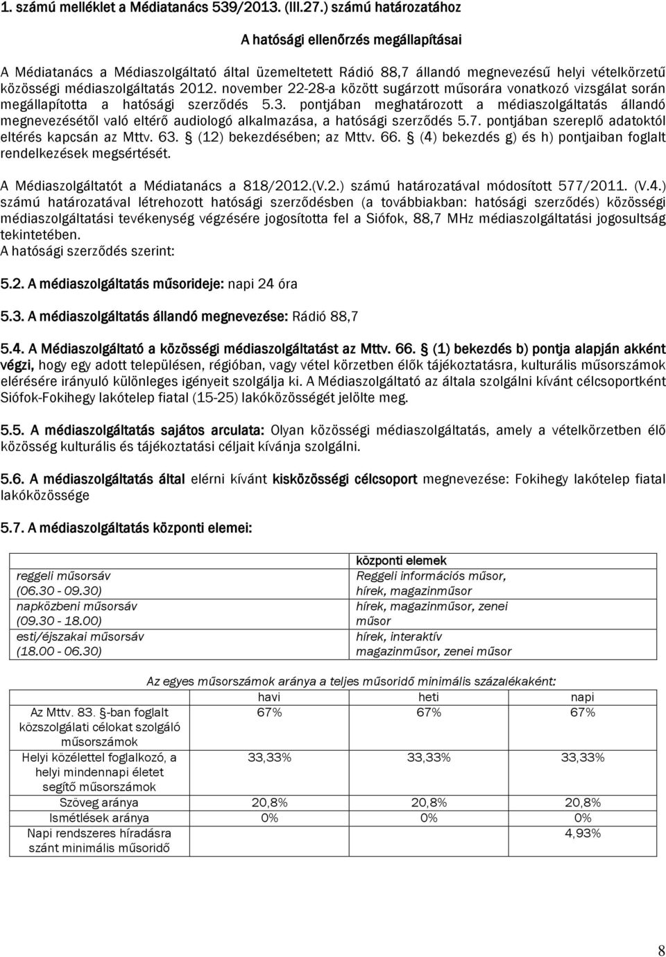 november 22-28-a között sugárzott műsorára vonatkozó vizsgálat során megállapította a hatósági szerződés 5.3.