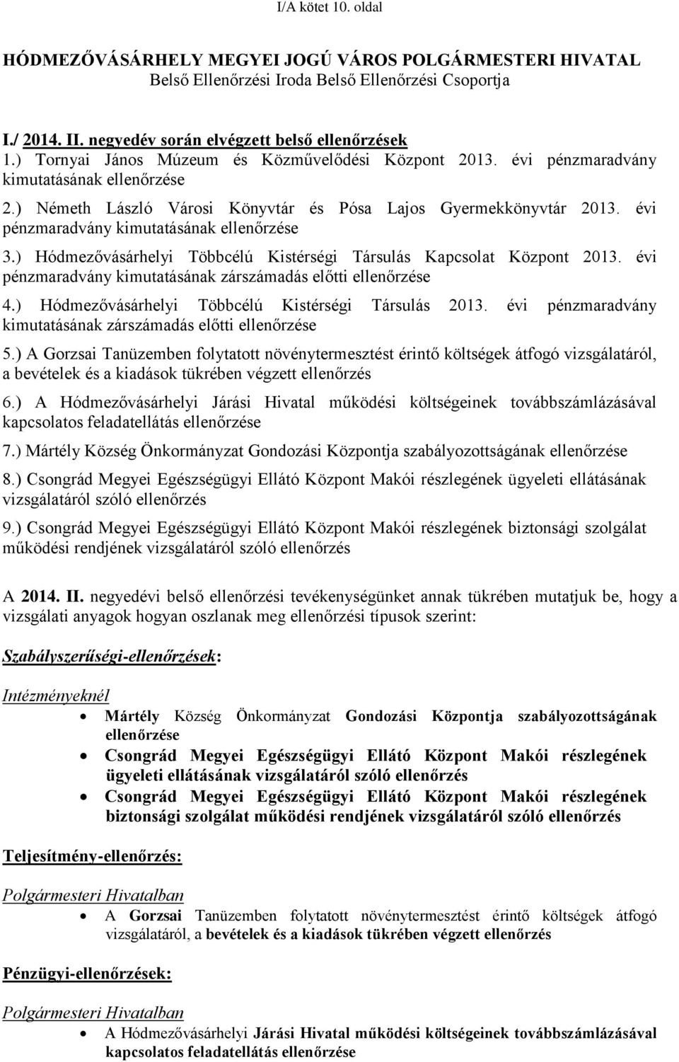 évi pénzmaradvány kimutatásának ellenőrzése 3.) Hódmezővásárhelyi Többcélú Kistérségi Társulás Kapcsolat Központ 2013. évi pénzmaradvány kimutatásának zárszámadás előtti ellenőrzése 4.