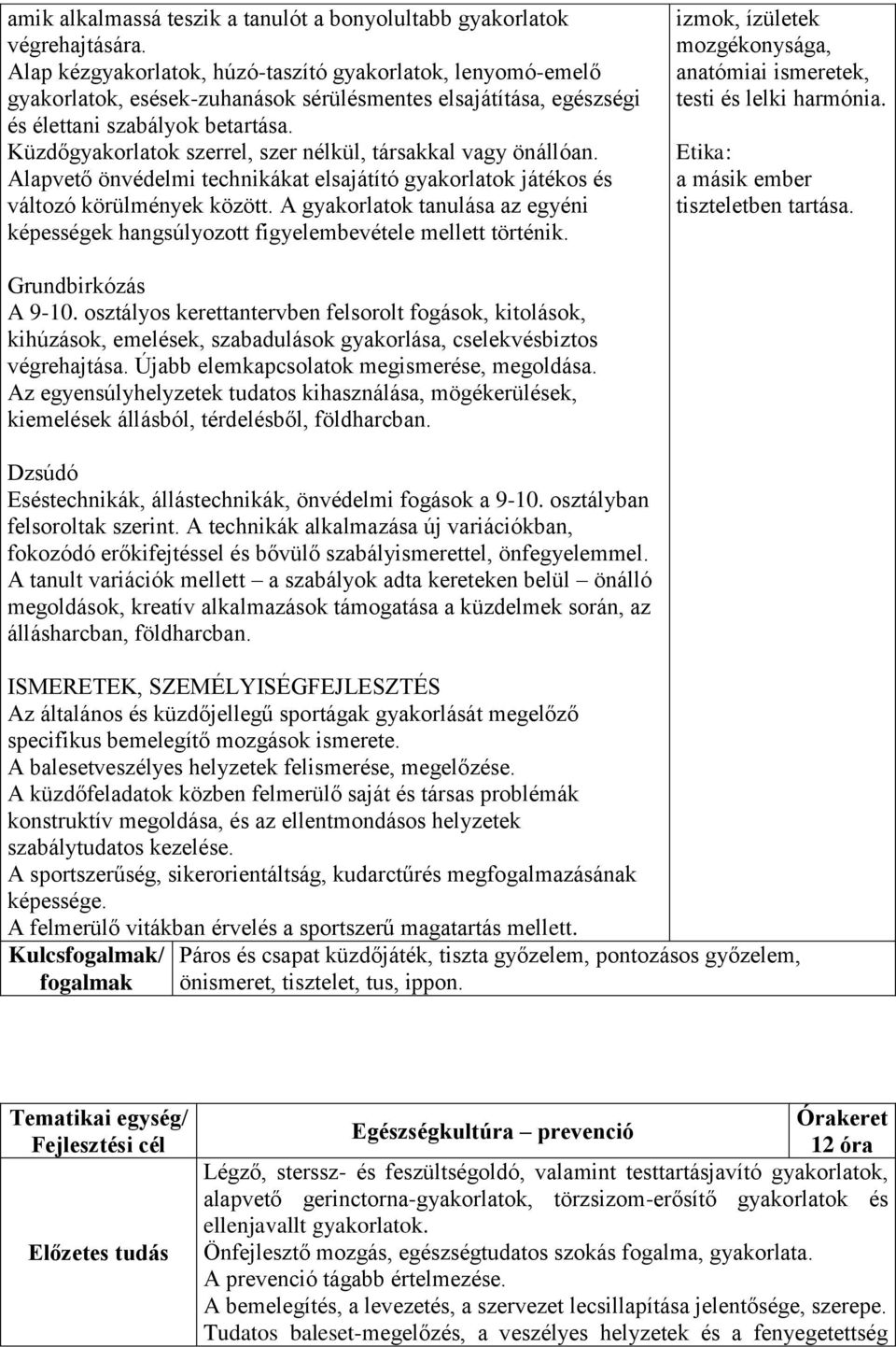 Küzdőgyakorlatok szerrel, szer nélkül, társakkal vagy önállóan. Alapvető önvédelmi technikákat elsajátító gyakorlatok játékos és változó körülmények között.