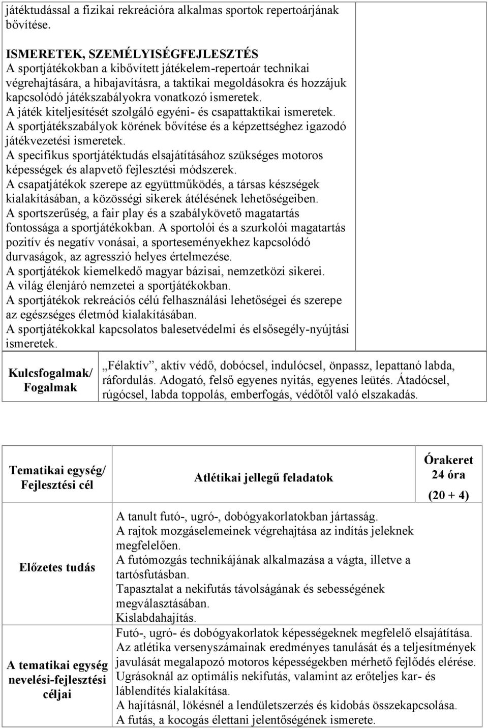 vonatkozó ismeretek. A játék kiteljesítését szolgáló egyéni- és csapattaktikai ismeretek. A sportjátékszabályok körének bővítése és a képzettséghez igazodó játékvezetési ismeretek.