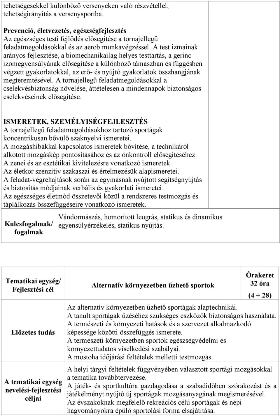 A test izmainak arányos fejlesztése, a biomechanikailag helyes testtartás, a gerinc izomegyensúlyának elősegítése a különböző támaszban és függésben végzett gyakorlatokkal, az erő- és nyújtó