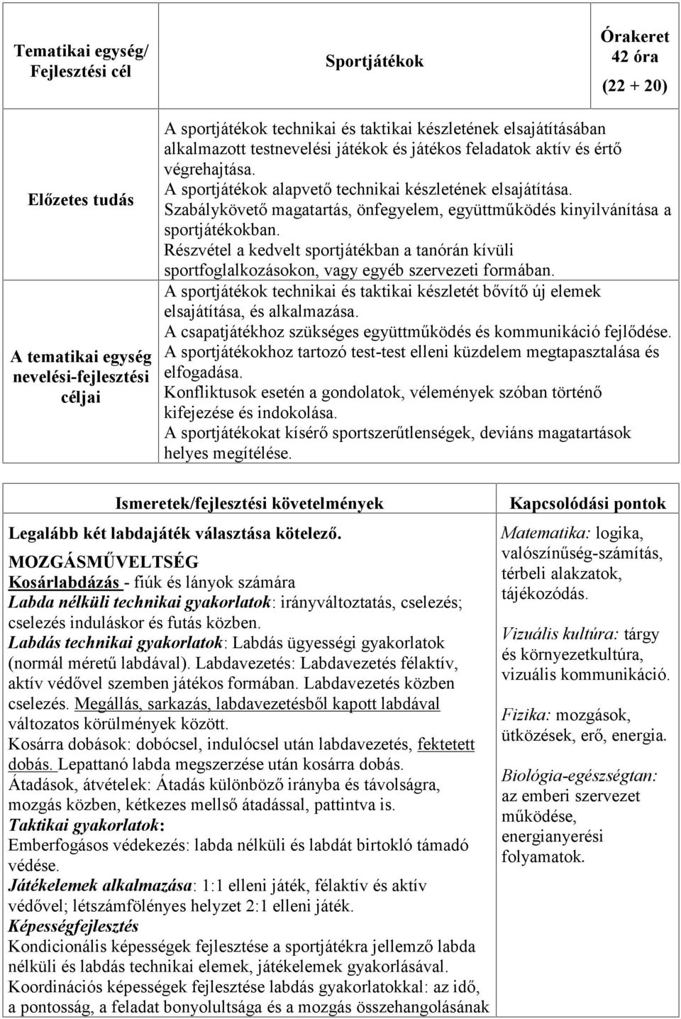 Szabálykövető magatartás, önfegyelem, együttműködés kinyilvánítása a sportjátékokban. Részvétel a kedvelt sportjátékban a tanórán kívüli sportfoglalkozásokon, vagy egyéb szervezeti formában.