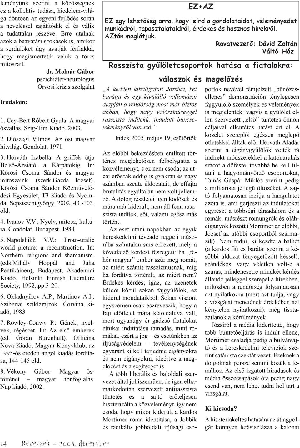 Molnár Gábor pszichiáter-neurológus Orvosi krízis szolgálat Irodalom: 1. Cey-Bert Róbert Gyula: A magyar ősvallás. Szig-Tim Kiadó, 2003. 2. Diószegi Vilmos. Az ősi magyar hitvilág. Gondolat, 1971. 3.