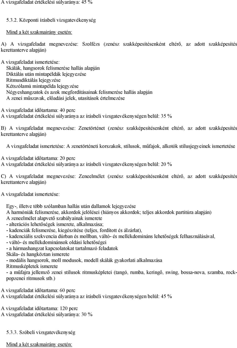 Skálák, hangsorok felismerése hallás alapján Diktálás után mintapéldák lejegyezése Ritmusdiktálás lejegyzése Kétszólamú mintapélda lejegyzése Négyeshangzatok és azok megfordításainak felismerése