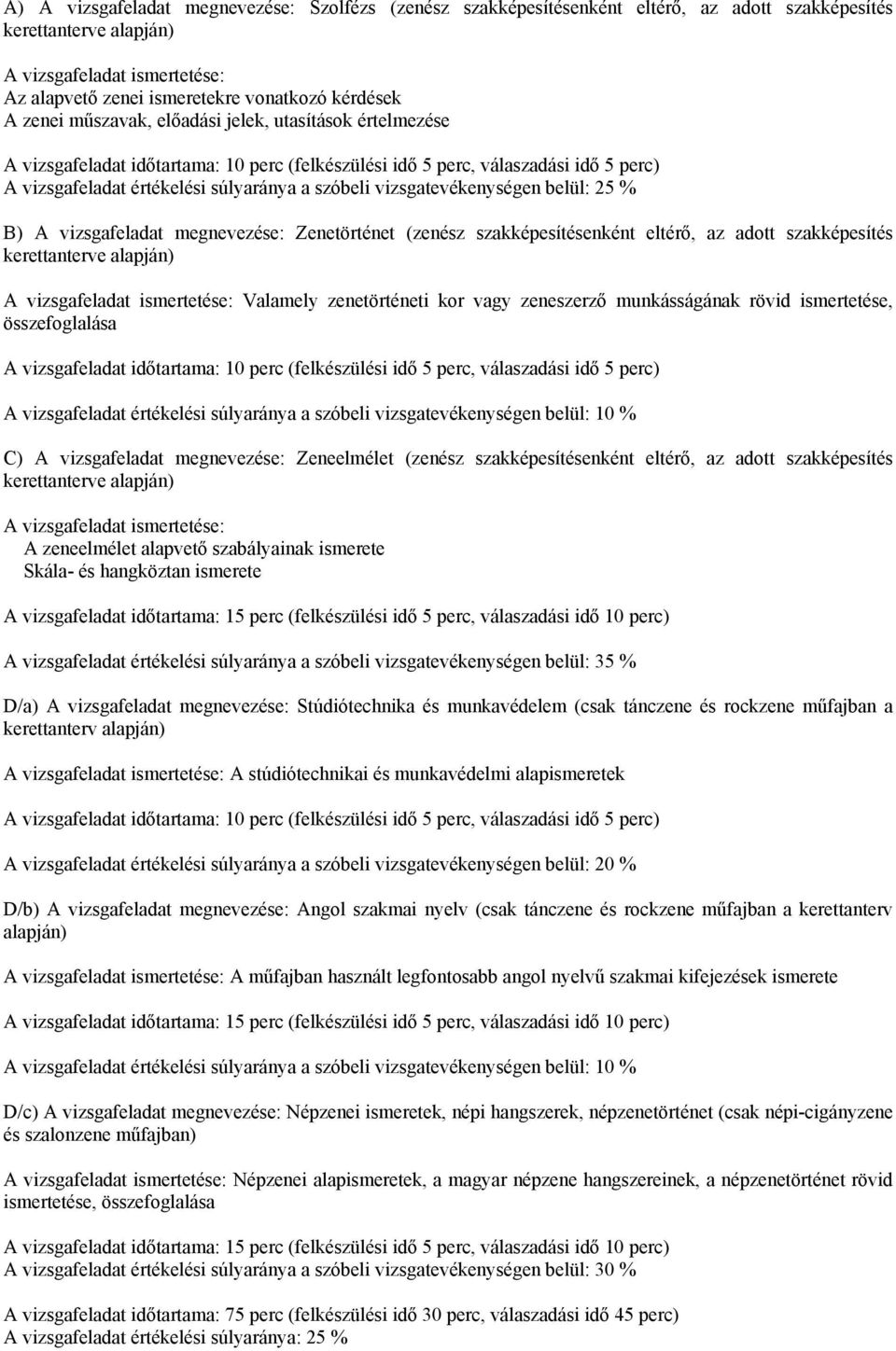 25 % B) A vizsgafeladat megnevezése: Zenetörténet (zenész szakképesítésenként eltérő, az adott szakképesítés A vizsgafeladat ismertetése: Valamely zenetörténeti kor vagy zeneszerző munkásságának