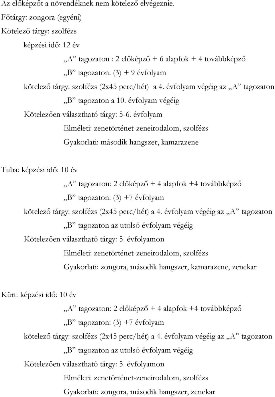 évfolyam végéig az A tagozaton B tagozaton a 10. évfolyam végéig Kötelezően választható tárgy: 5-6.