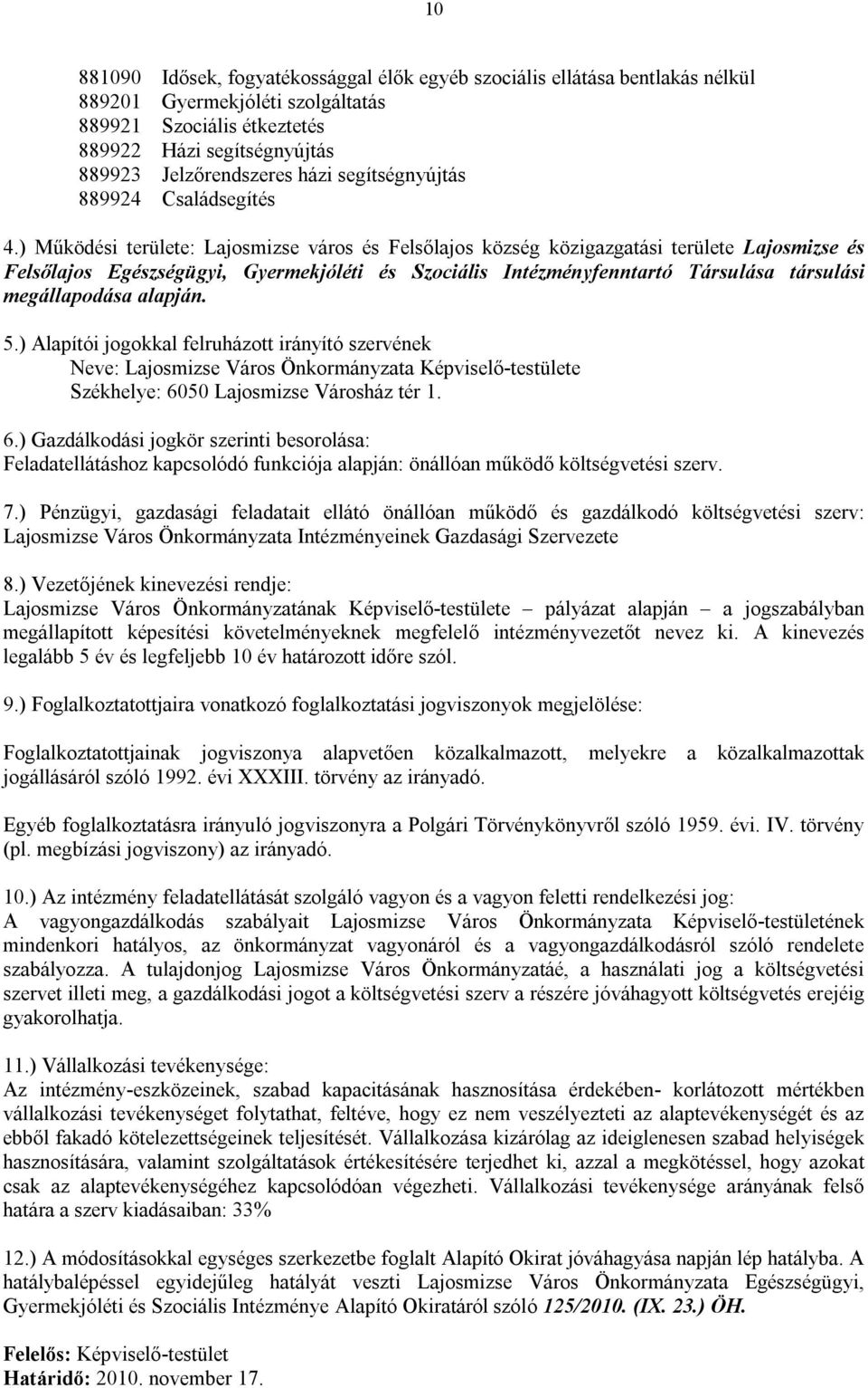 ) Működési területe: Lajosmizse város és Felsőlajos község közigazgatási területe Lajosmizse és Felsőlajos Egészségügyi, Gyermekjóléti és Szociális Intézményfenntartó Társulása társulási