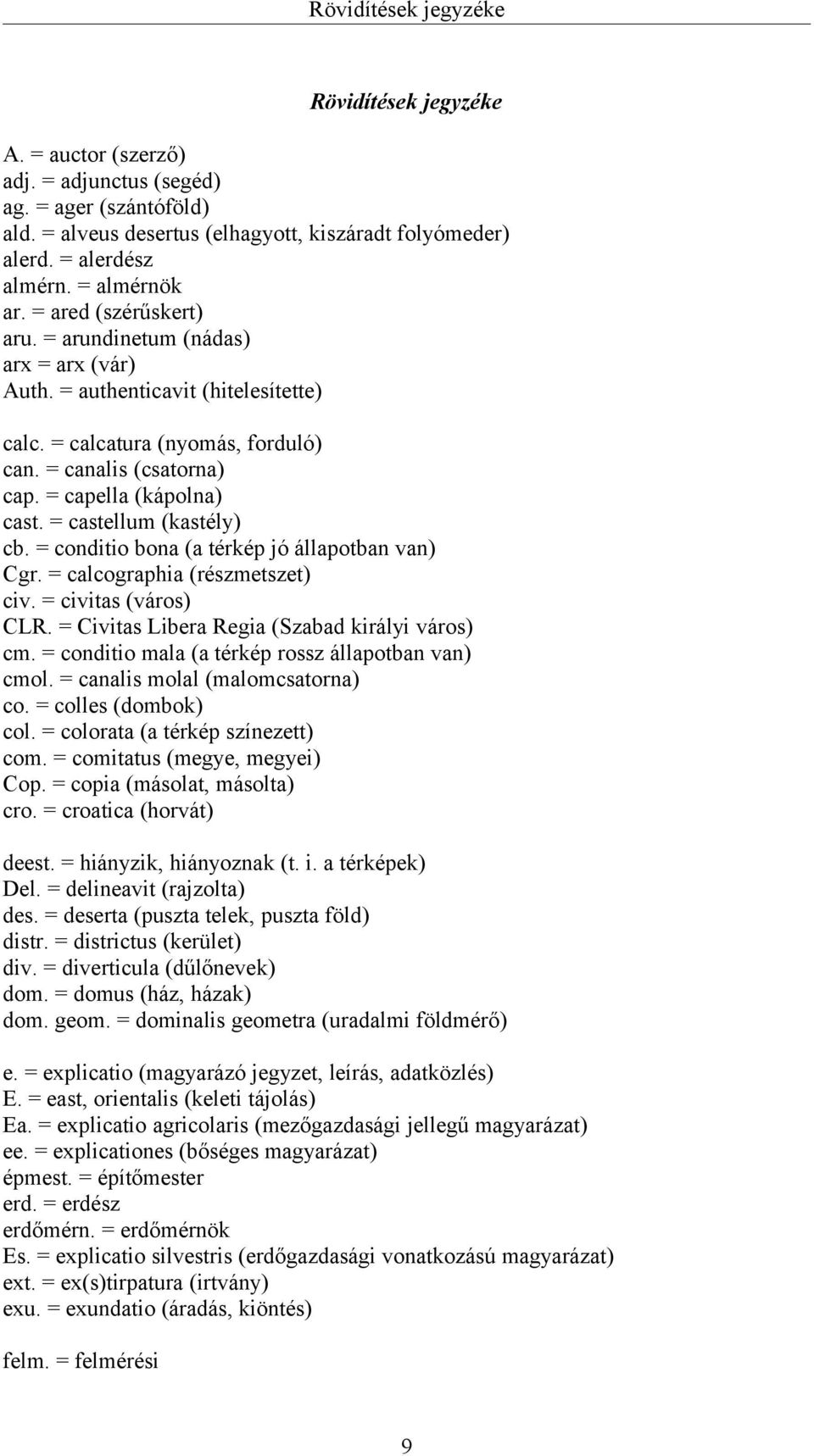 = capella (kápolna) cast. = castellum (kastély) cb. = conditio bona (a térkép jó állapotban van) Cgr. = calcographia (részmetszet) civ. = civitas (város) CLR.