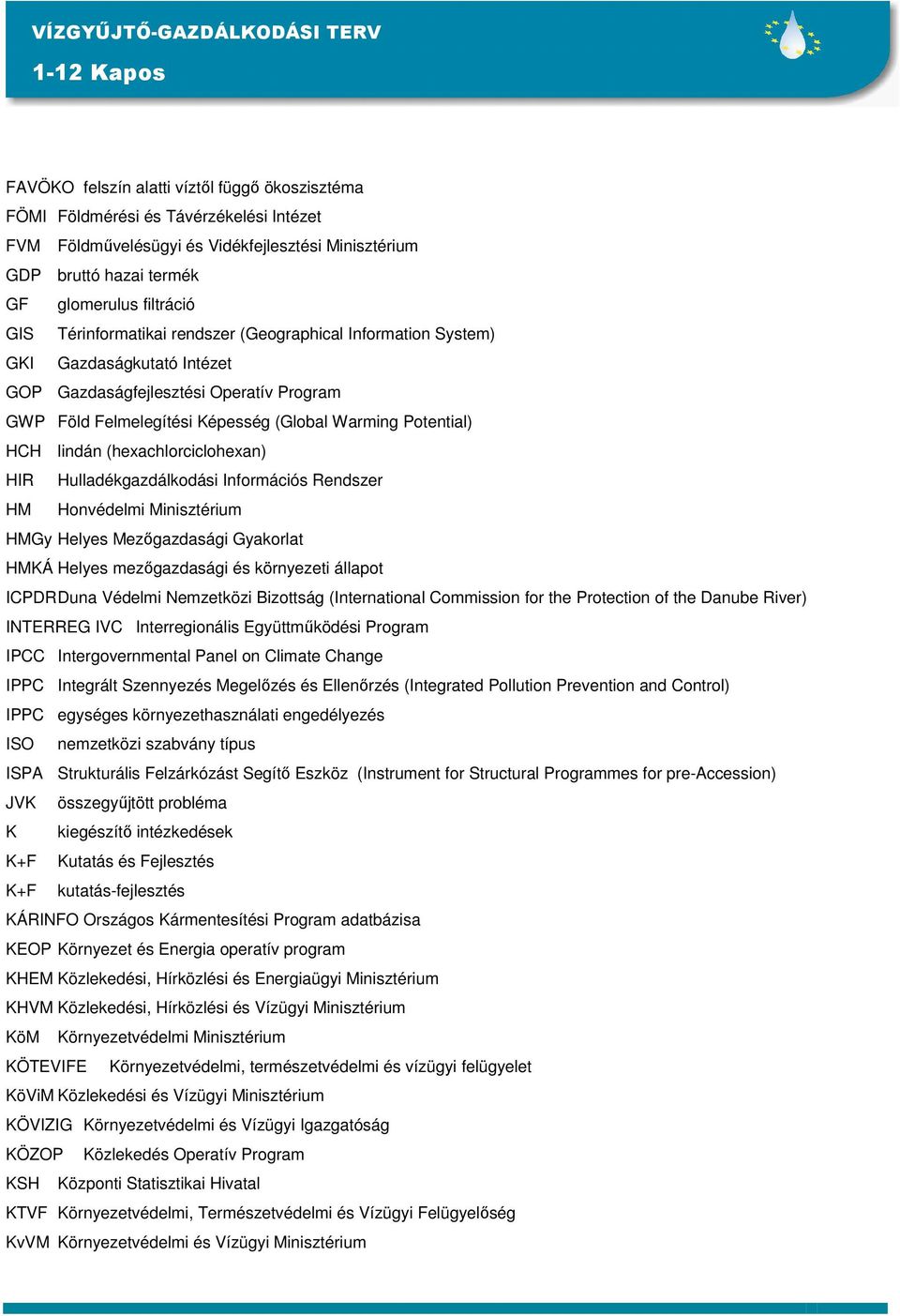 (hexachlorciclohexan) HIR Hulladékgazdálkodási Információs Rendszer HM Honvédelmi Minisztérium HMGy Helyes Mezıgazdasági Gyakorlat HMKÁ Helyes mezıgazdasági és környezeti állapot ICPDR Duna Védelmi