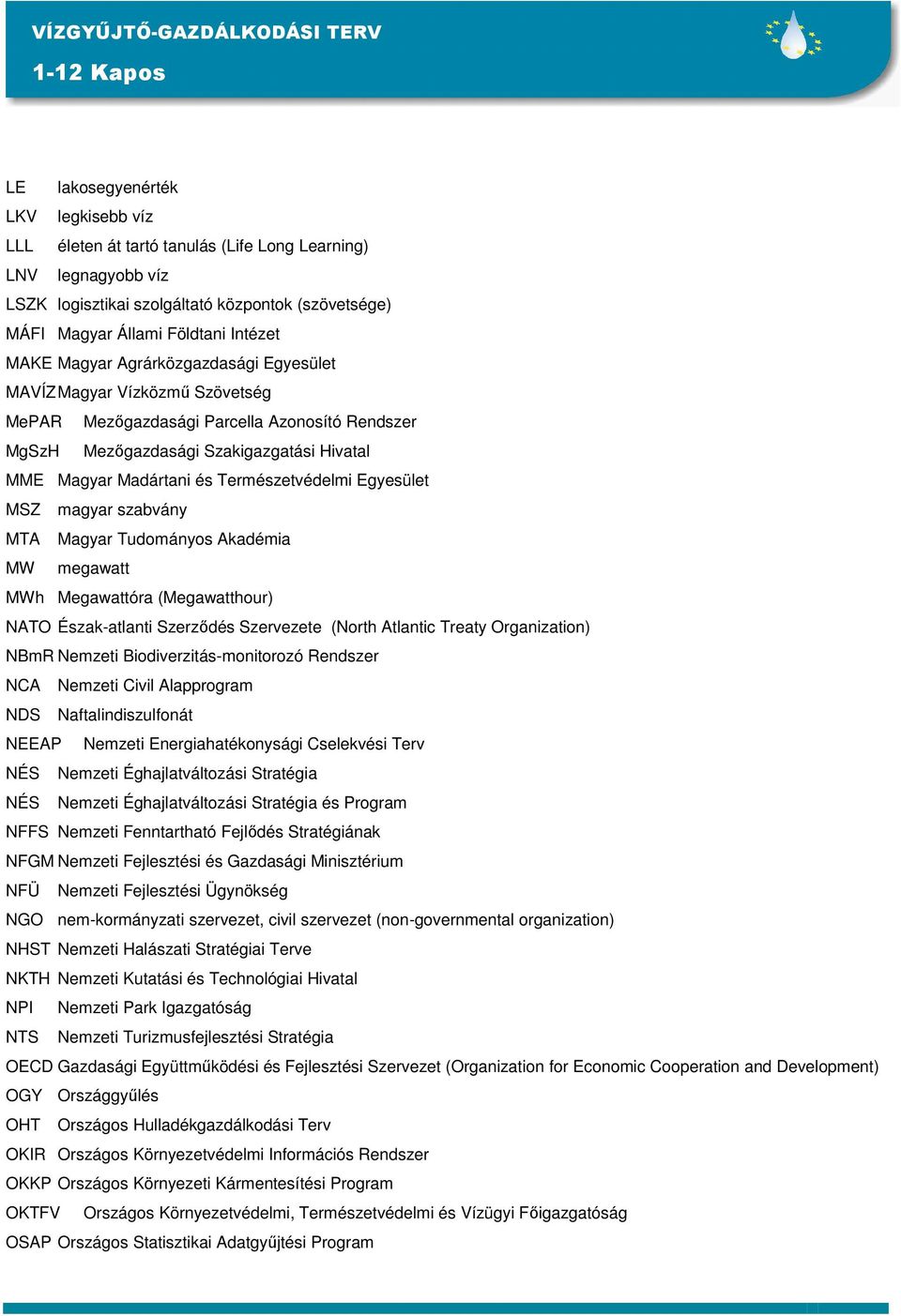 Egyesület MSZ magyar szabvány MTA Magyar Tudományos Akadémia MW megawatt MWh Megawattóra (Megawatthour) NATO Észak-atlanti Szerzıdés Szervezete (North Atlantic Treaty Organization) NBmR Nemzeti