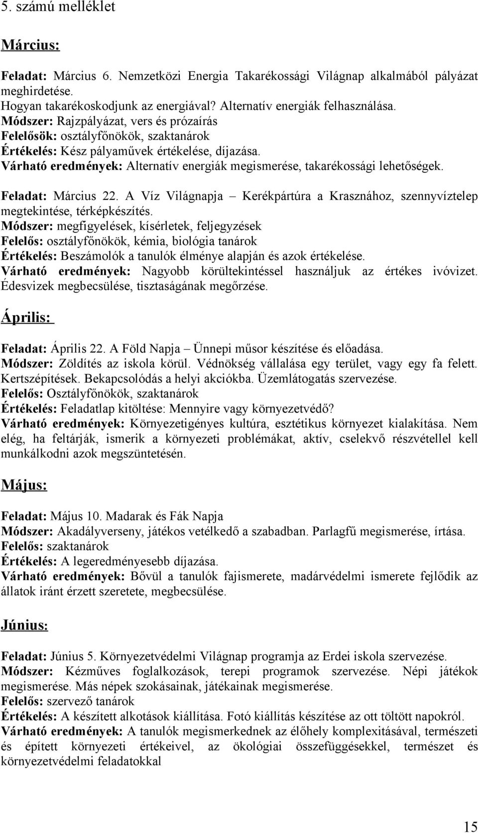 Várható eredmények: Alternatív energiák megismerése, takarékossági lehetőségek. Feladat: Március 22. A Víz Világnapja Kerékpártúra a Krasznához, szennyvíztelep megtekintése, térképkészítés.