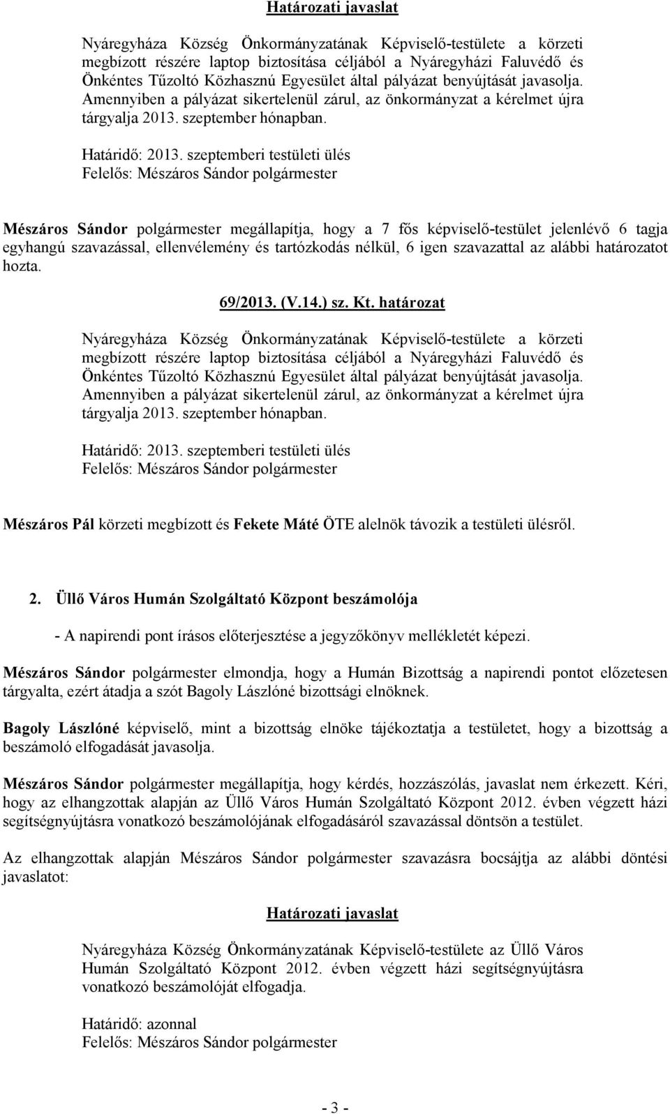 szeptemberi testületi ülés Mészáros Sándor polgármester megállapítja, hogy a 7 fős képviselő-testület jelenlévő 6 tagja egyhangú szavazással, ellenvélemény és tartózkodás nélkül, 6 igen szavazattal