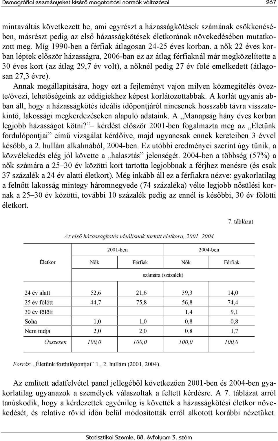 Míg 1990-ben a férfiak átlagosan 24-25 éves korban, a nők 22 éves korban léptek először házasságra, 2006-ban ez az átlag férfiaknál már megközelítette a 30 éves kort (az átlag 29,7 év volt), a nőknél