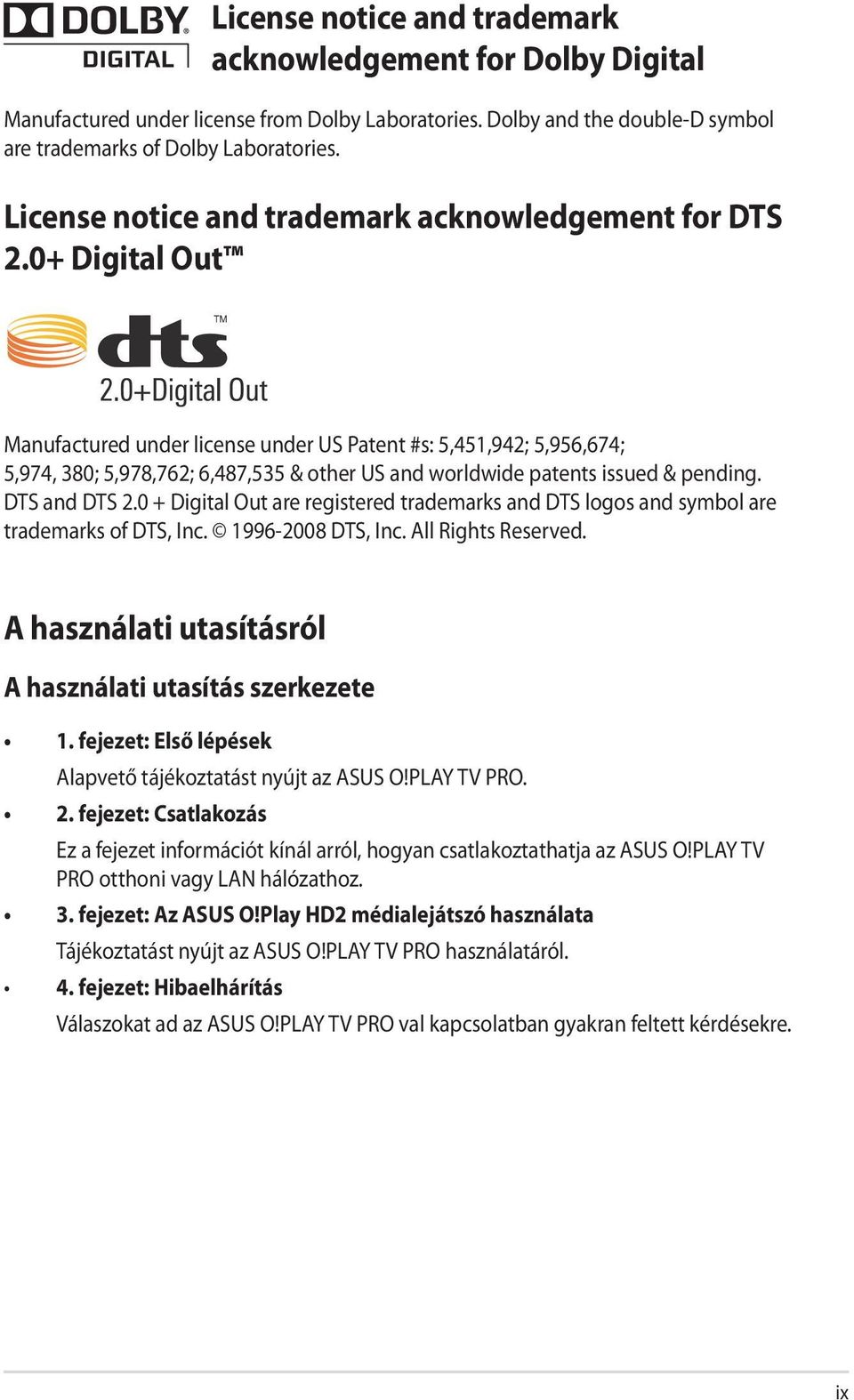 0+ Digital Out Manufactured under license under US Patent #s: 5,451,942; 5,956,674; 5,974, 380; 5,978,762; 6,487,535 & other US and worldwide patents issued & pending. DTS and DTS 2.