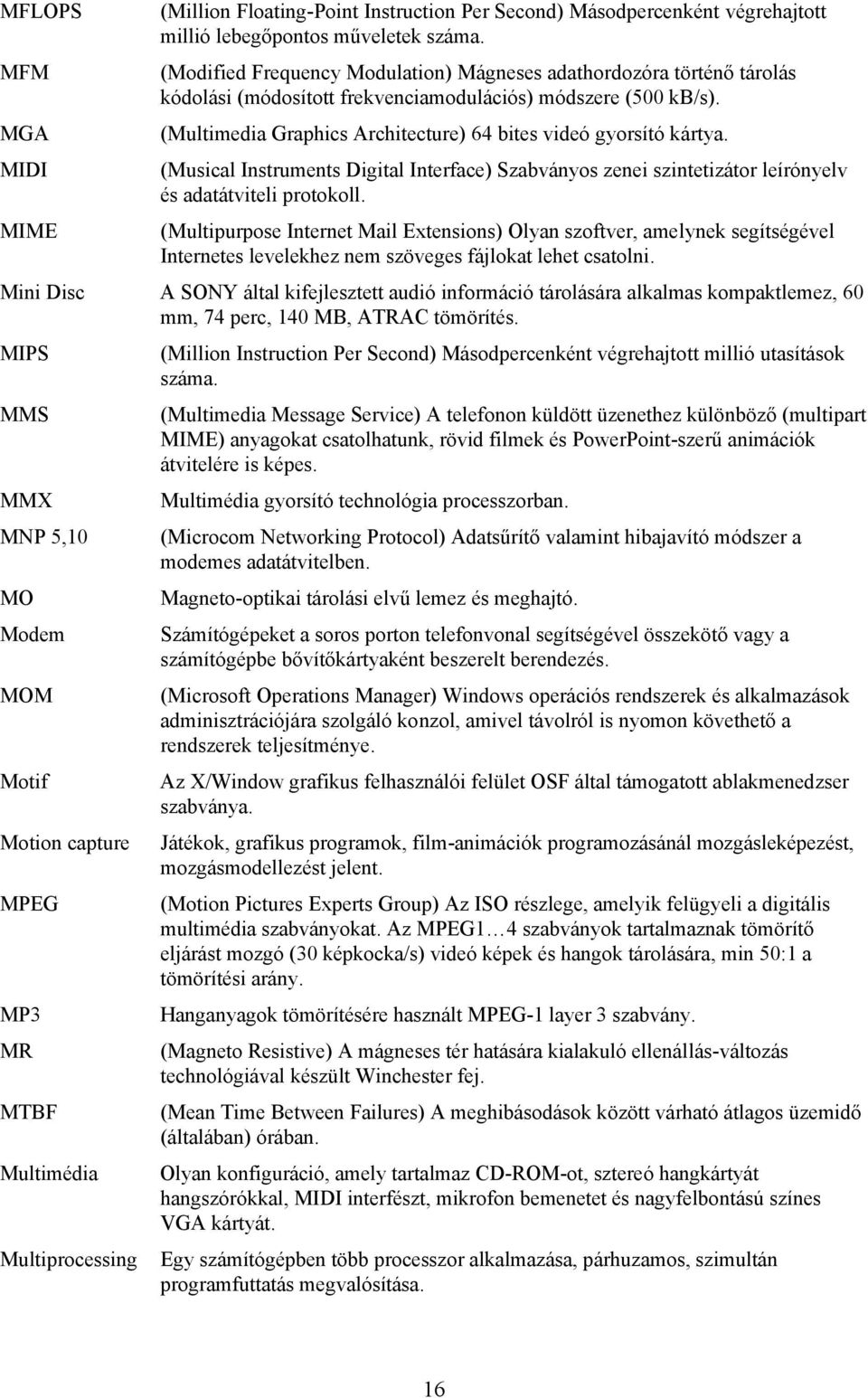 (Multimedia Graphics Architecture) 64 bites videó gyorsító kártya. (Musical Instruments Digital Interface) Szabványos zenei szintetizátor leírónyelv és adatátviteli protokoll.