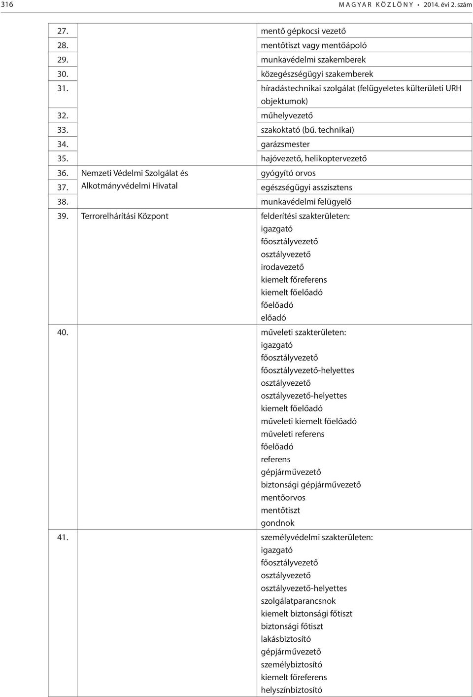 Nemzeti Védelmi Szolgálat és gyógyító orvos 37. Alkotmányvédelmi Hivatal egészségügyi asszisztens 38. munkavédelmi felügyelő 39.