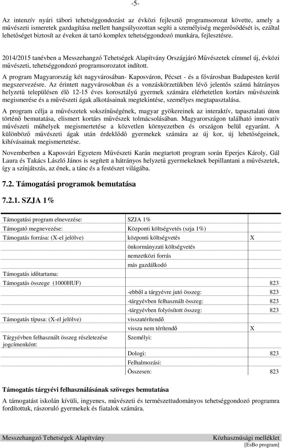 2014/2015 tanévben a Országjáró Művészetek címmel új, évközi művészeti, tehetséggondozó programsorozatot indított.