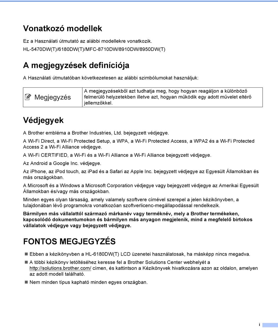 meg, hogy hogyan reagáljon a különböző felmerülő helyzetekben illetve azt, hogyan működik egy adott művelet eltérő jellemzőkkel. Védjegyek A Brother embléma a Brother Industries, Ltd.