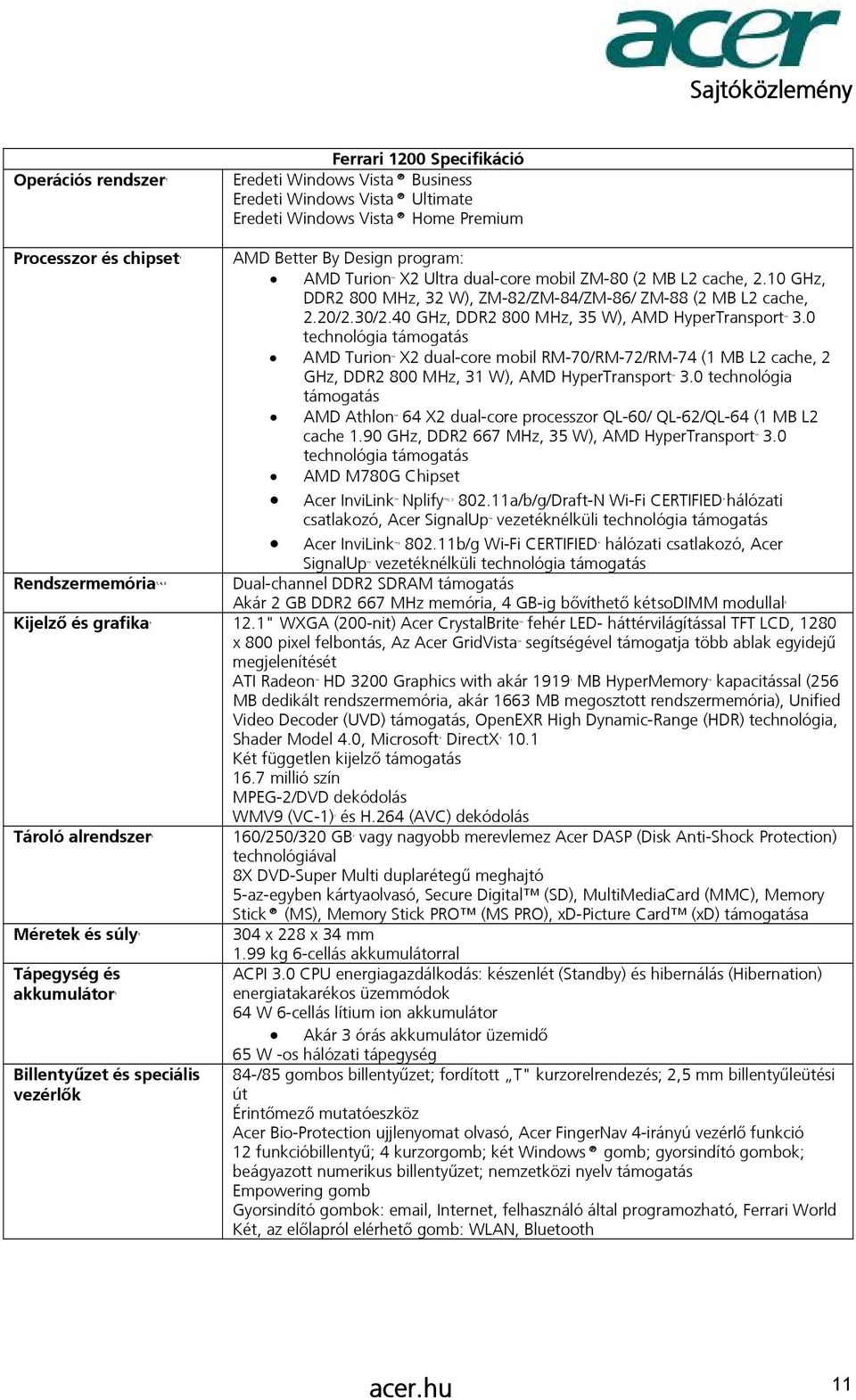 0 technológia támogatás AMD Turion X2 dual-core mobil RM-70/RM-72/RM-74 (1 MB L2 cache, 2 GHz, DDR2 800 MHz, 31 W), AMD HyperTransport 3.