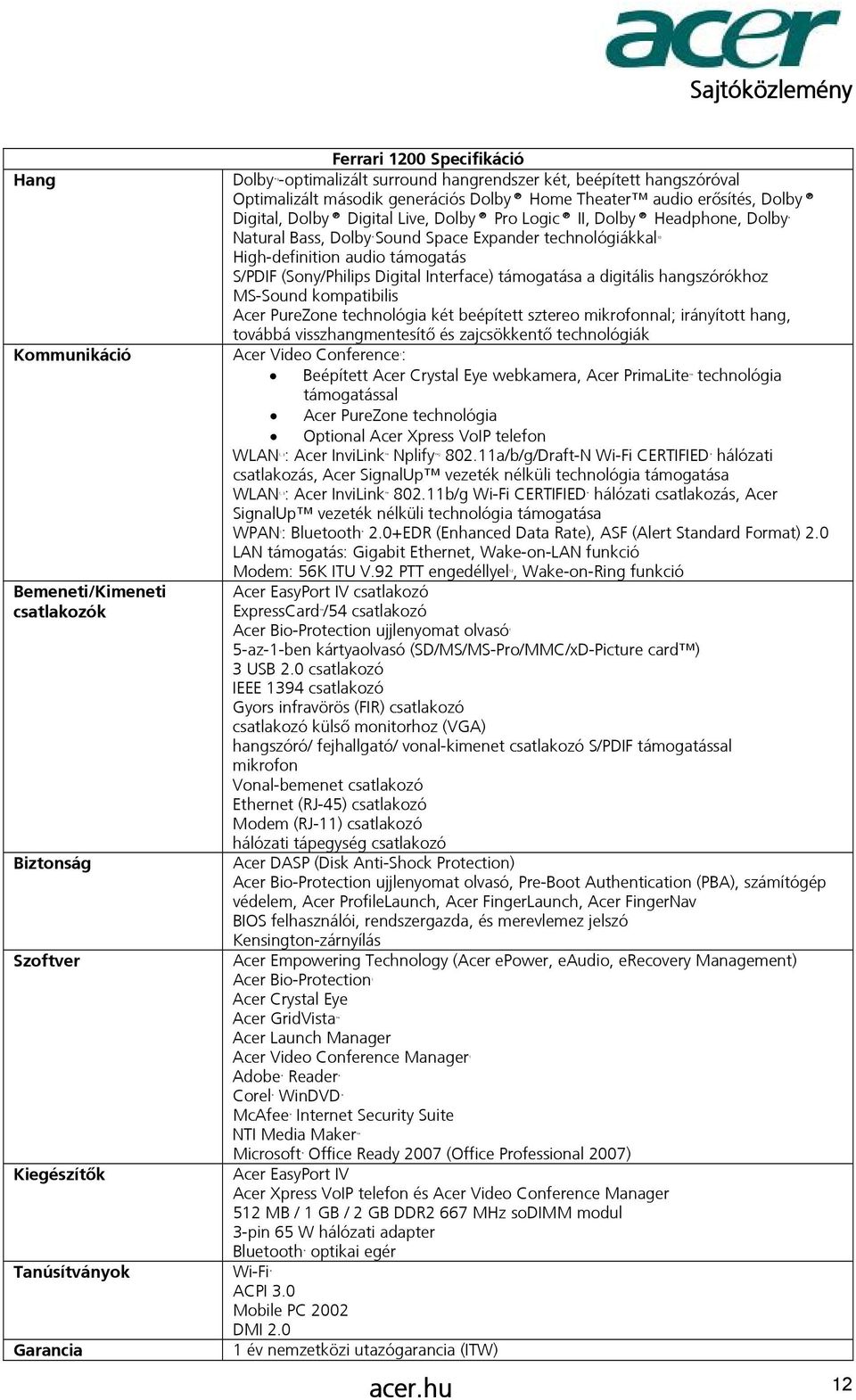 audio támogatás S/PDIF (Sony/Philips Digital Interface) támogatása a digitális hangszórókhoz MS-Sound kompatibilis Acer PureZone technológia két beépített sztereo mikrofonnal; irányított hang,