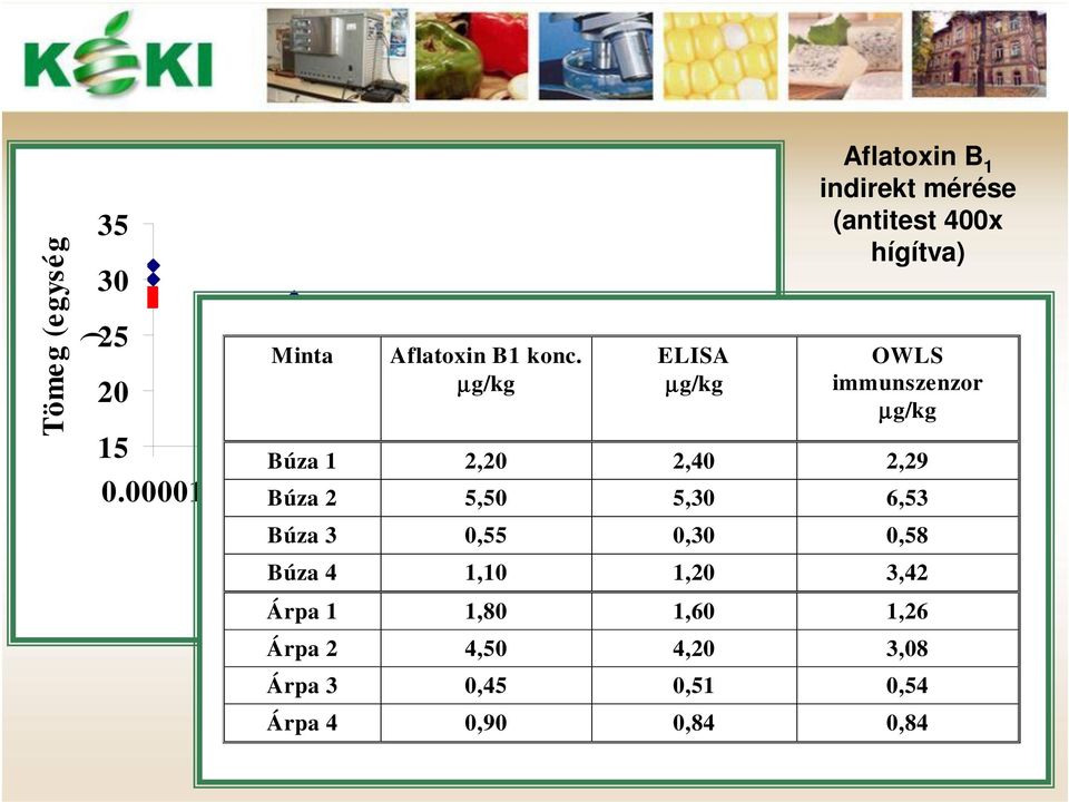 1 10 1000 Aflatoxin B1 koncentráció (ng/ml) ELISA µg/kg Aflatoxin B 1 indirekt mérése (antitest