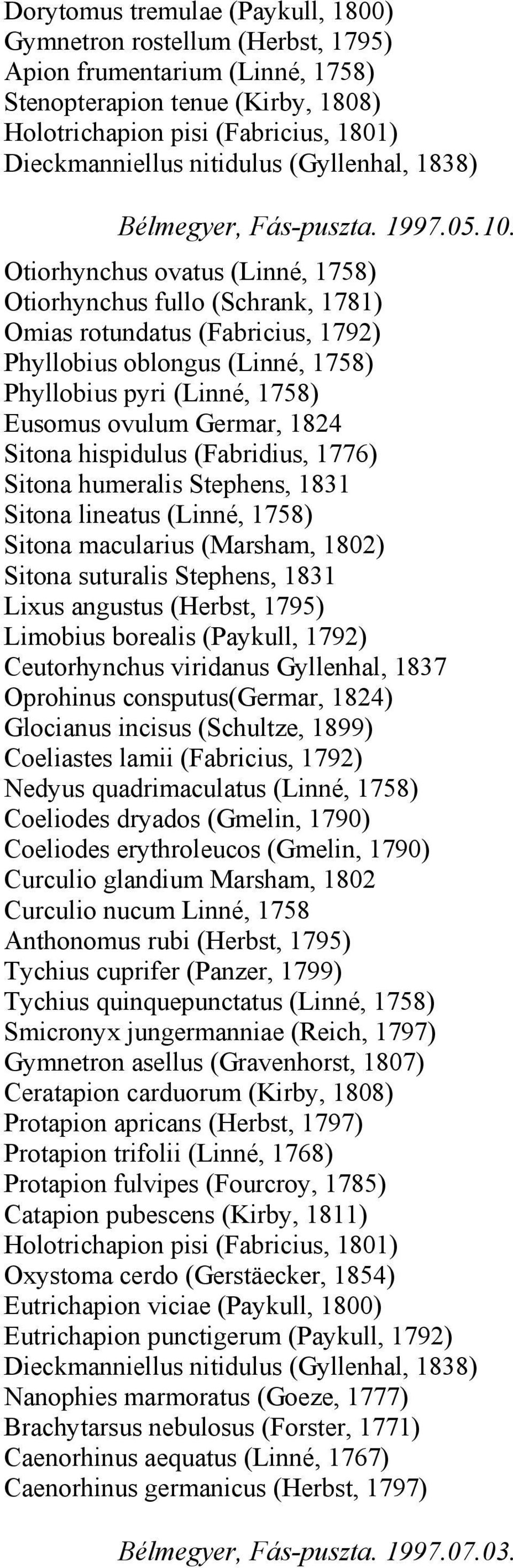 Otiorhynchus ovatus (Linné, 1758) Otiorhynchus fullo (Schrank, 1781) Omias rotundatus (Fabricius, 1792) Phyllobius oblongus (Linné, 1758) Phyllobius pyri (Linné, 1758) Sitona hispidulus (Fabridius,