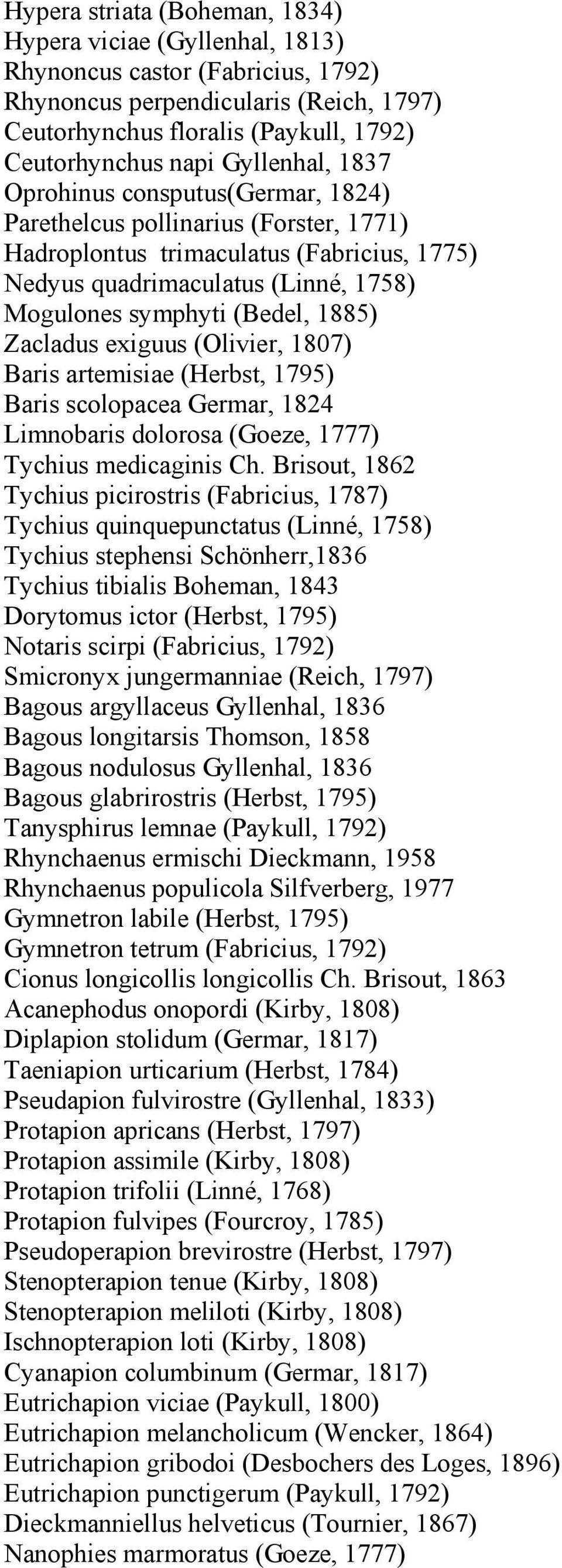 Baris artemisiae (Herbst, 1795) Baris scolopacea Germar, 1824 Limnobaris dolorosa (Goeze, 1777) Tychius medicaginis Ch.