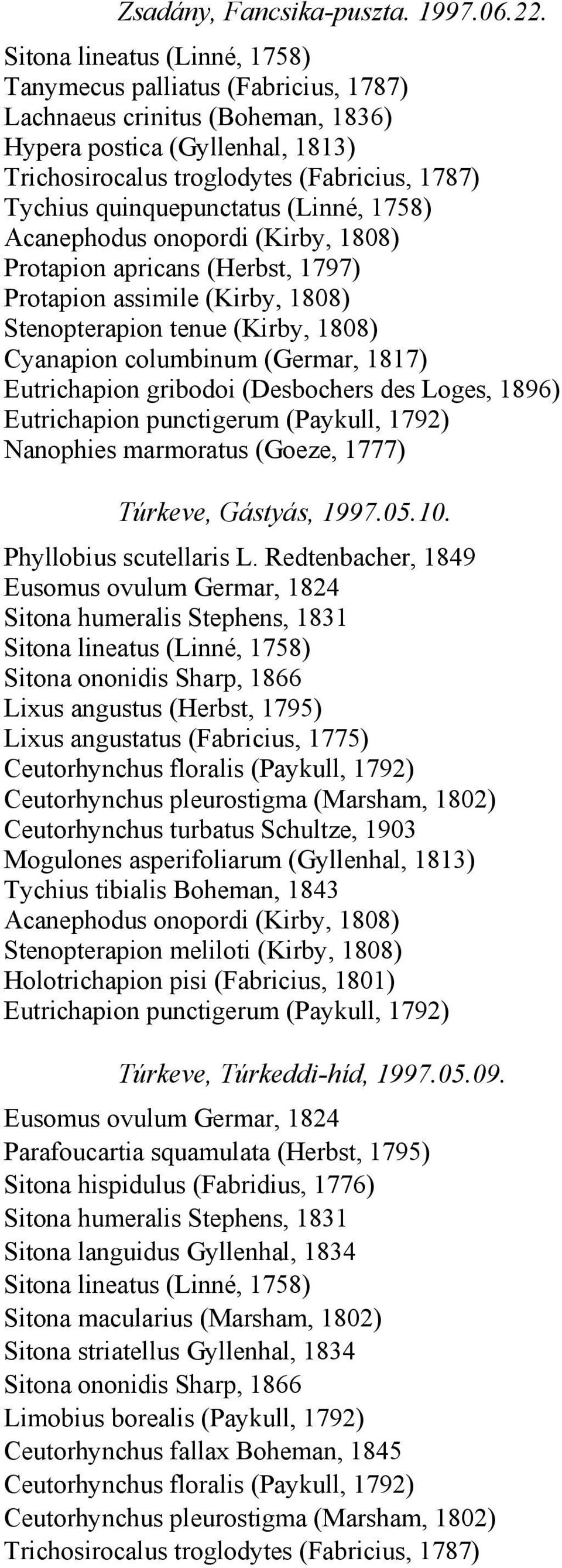 assimile (Kirby, 1808) Stenopterapion tenue (Kirby, 1808) Cyanapion columbinum (Germar, 1817) Eutrichapion gribodoi (Desbochers des Loges, 1896) Nanophies marmoratus (Goeze, 1777) Túrkeve, Gástyás,