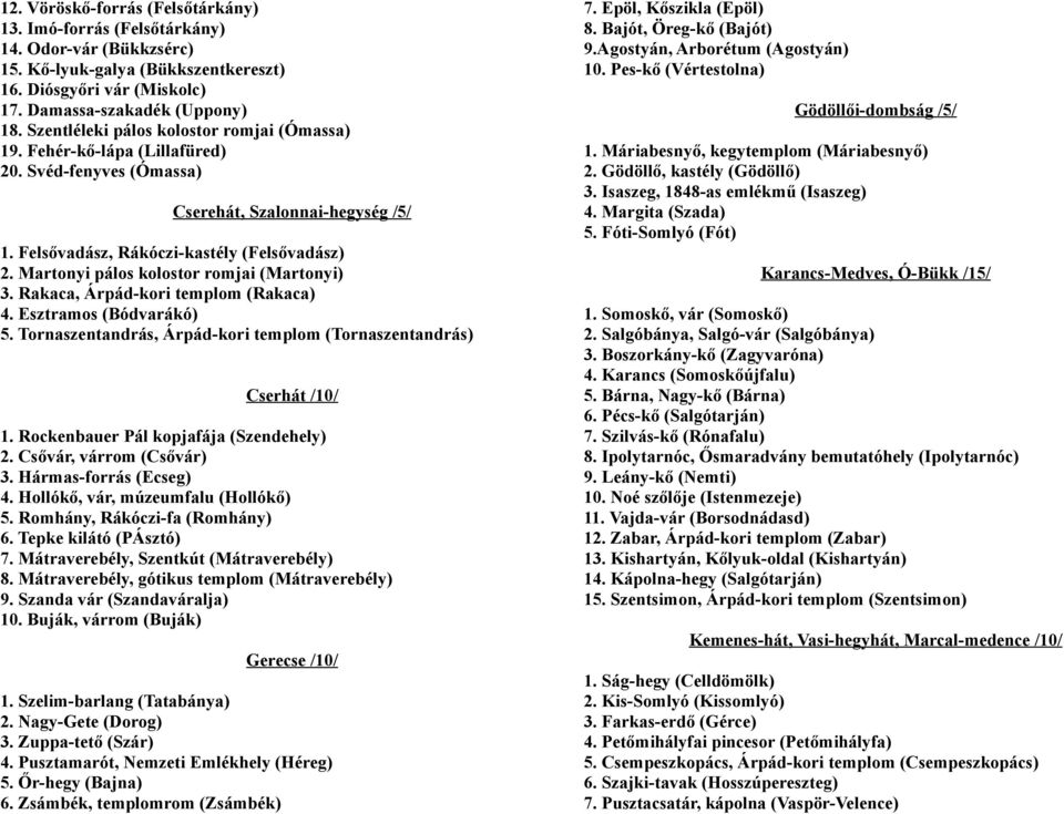 Martonyi pálos kolostor romjai (Martonyi) 3. Rakaca, Árpád-kori templom (Rakaca) 4. Esztramos (Bódvarákó) 5. Tornaszentandrás, Árpád-kori templom (Tornaszentandrás) Cserhát /10/ 1.