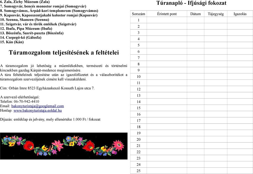 Kán (Kán) Túramozgalom teljesítésének a feltételei A túramozgalom jó lehetőség a műemlékekben, természeti és történelmi kincsekben gazdag Kárpát-medence megismerésére.