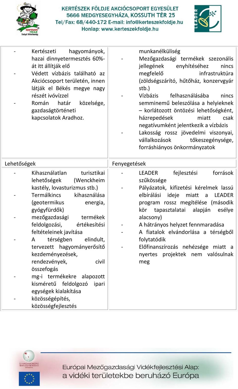 ) - Termálkincs kihasználása (geotermikus energia, gyógyfürdők) - mezőgazdasági termékek feldolgozási, értékesítési feltételeinek javítása - A térségben elindult, tervezett hagyományerősítő