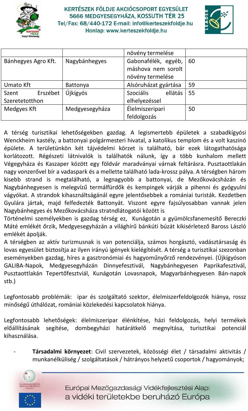 Kft Medgyesegyháza Élelmiszeripari feldolgozás 50 A térség turisztikai lehetőségekben gazdag.