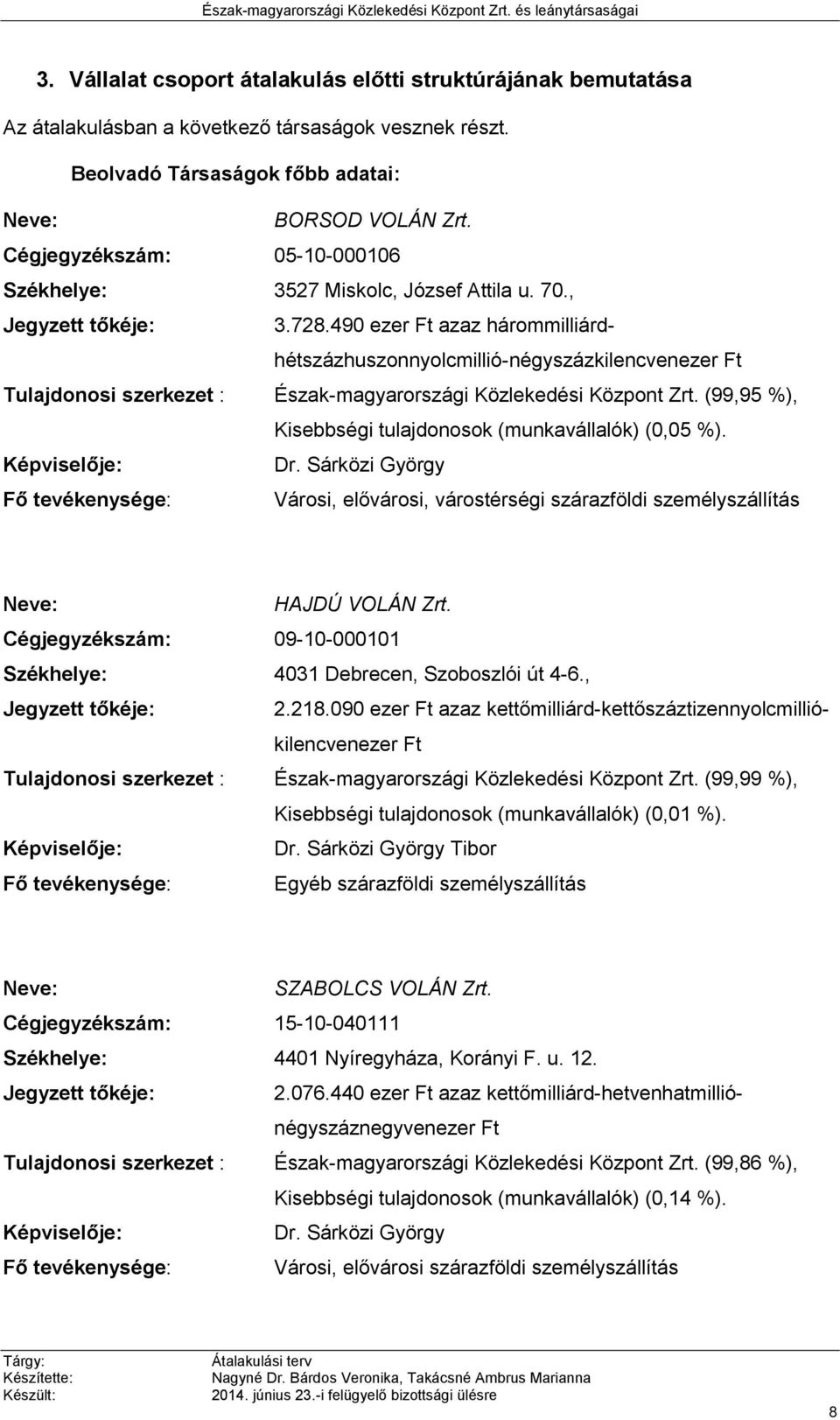 490 ezer Ft azaz hárommilliárdhétszázhuszonnyolcmillió-négyszázkilencvenezer Ft Tulajdonosi szerkezet : Észak-magyarországi Közlekedési Központ Zrt.