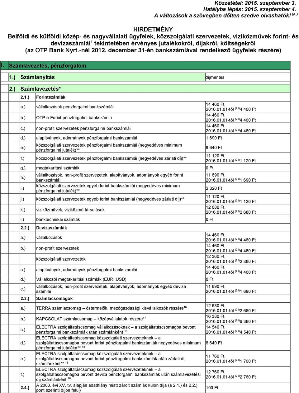 (az OTP Bank Nyrt.-nél 2012. december 31-én bankszámlával rendelkező ügyfelek részére) I. Számlavezetés, pénzforgalom 1.) Számlanyitás díjmentes 2.) Számlavezetés* 2.1.) Forintszámlák vállalkozások pénzforgalmi bankszámlái OTP e-forint pénzforgalmi bankszámla non-profit szervezetek pénzforgalmi bankszámlái d.