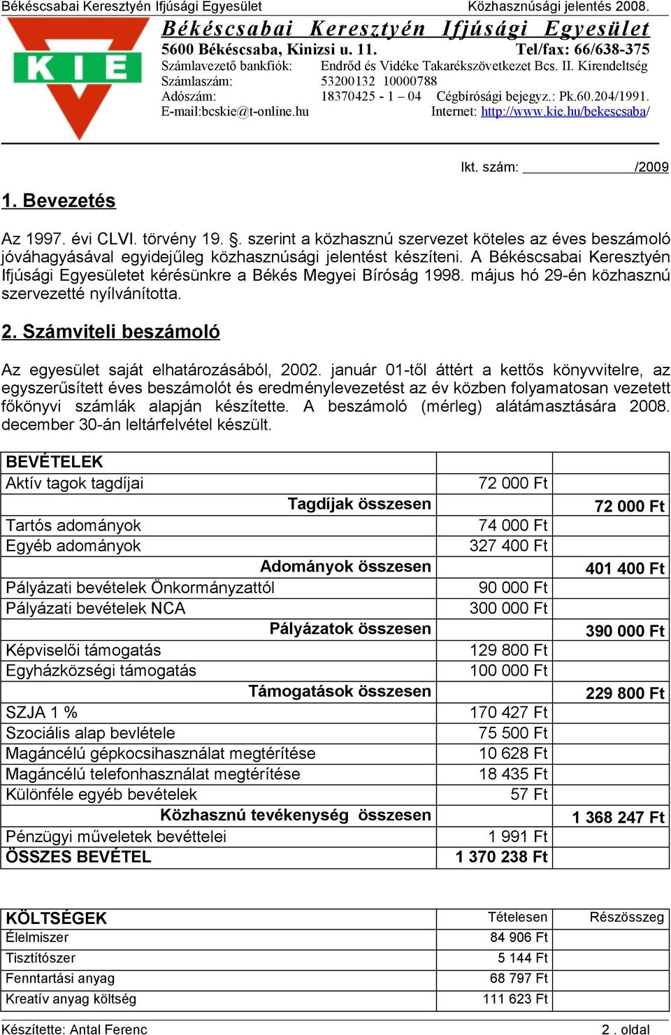 szám: /2009 Az 1997. évi CLVI. törvény 19.. szerint a közhasznú szervezet köteles az éves beszámoló jóváhagyásával egyidejűleg közhasznúsági jelentést készíteni.