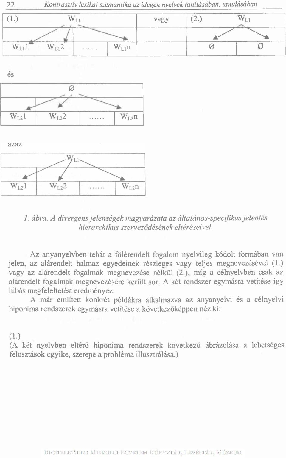 Az anyanyelvben tehát a fölérendelt fogalom nyelvileg kódolt formában van jelen, az alárendelt halmaz egyedeinek részleges vagy teljes megnevezésével (1.