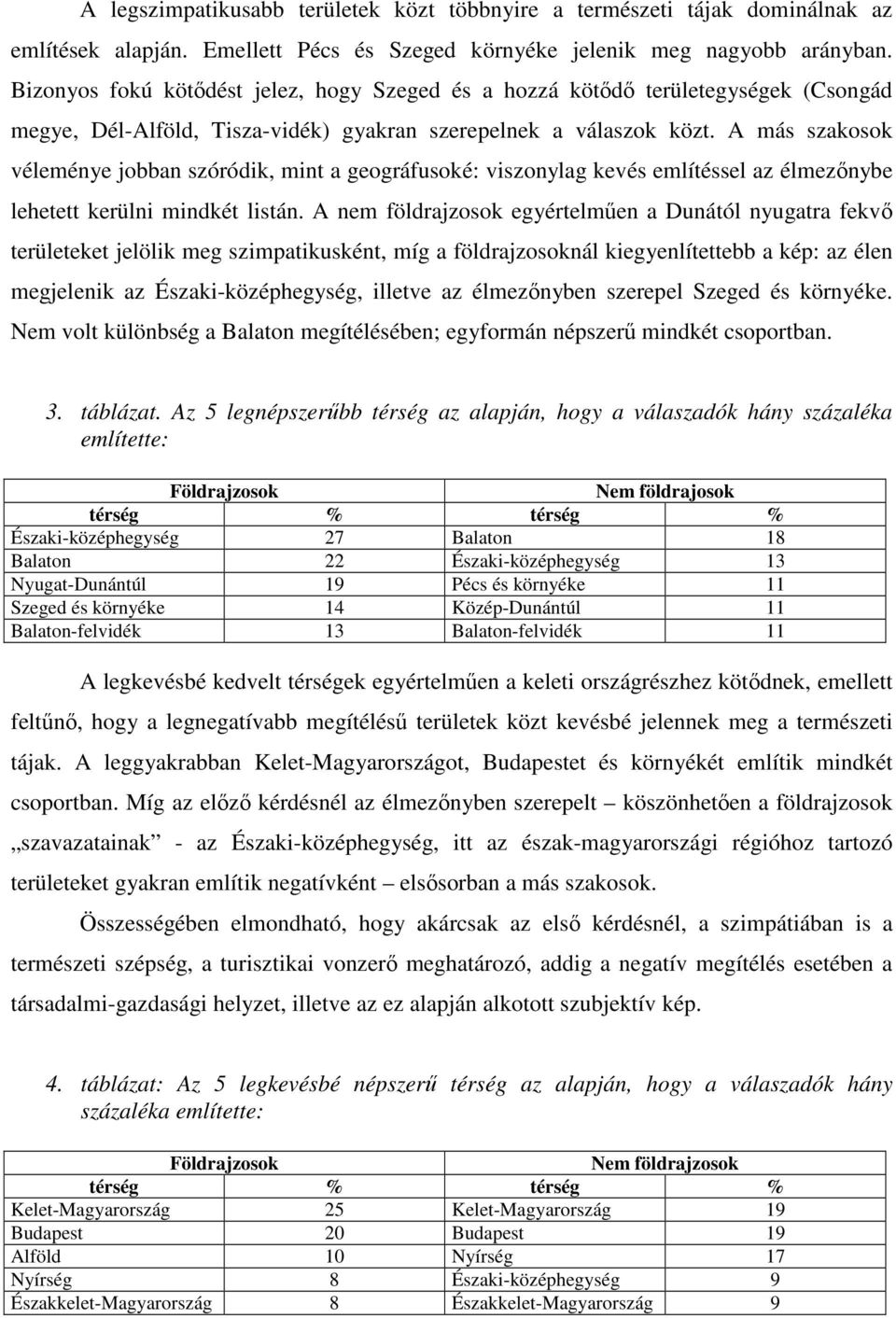 A más szakosok véleménye jobban szóródik, mint a geográfusoké: viszonylag kevés említéssel az élmezőnybe lehetett kerülni mindkét listán.