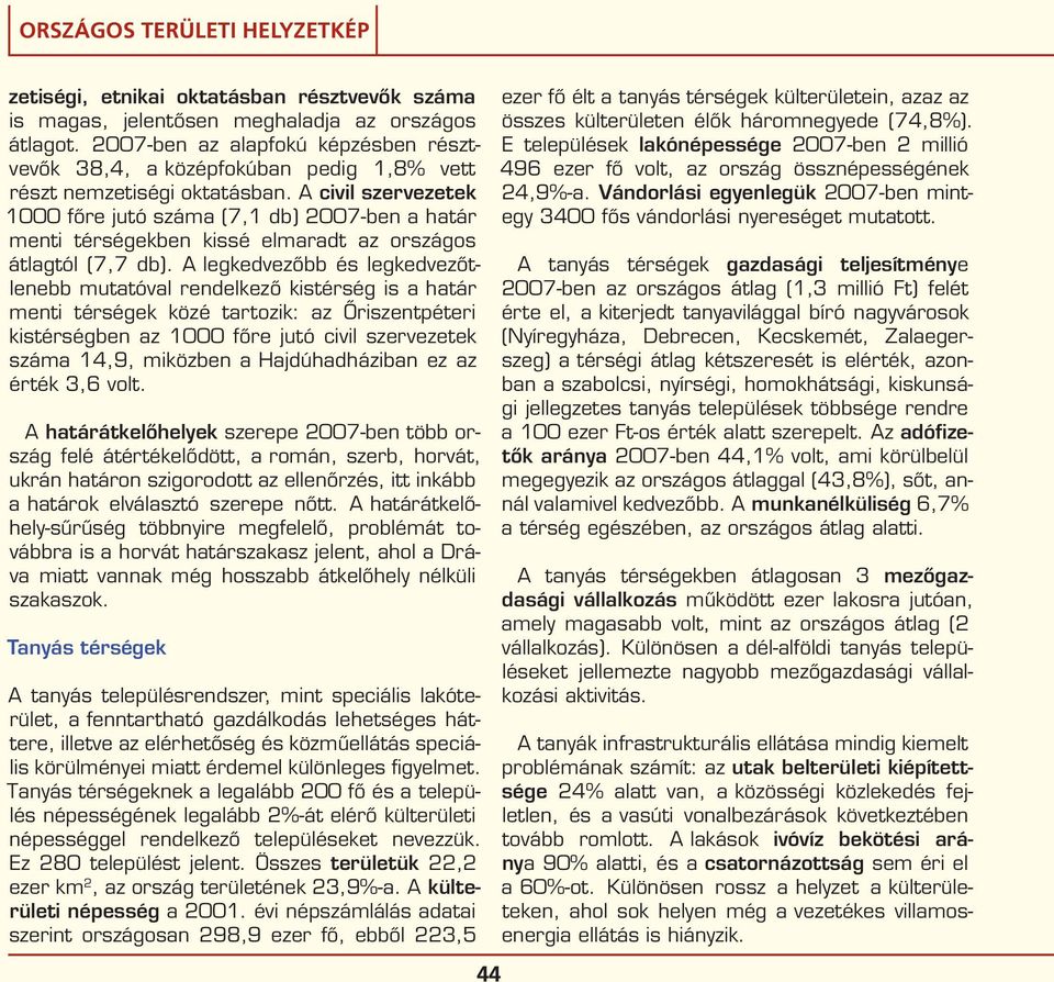 A civil szervezetek 1000 főre jutó száma (7,1 db) 2007-ben a határ menti térségekben kissé elmaradt az országos átlagtól (7,7 db).