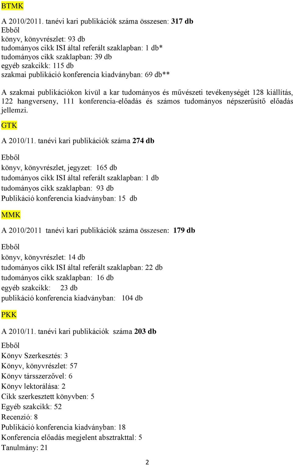 publikáció konferencia kiadványban: 69 db** A szakmai publikációkon kívül a kar tudományos és művészeti tevékenységét 128 kiállítás, 122 hangverseny, 111 konferencia-előadás és számos tudományos