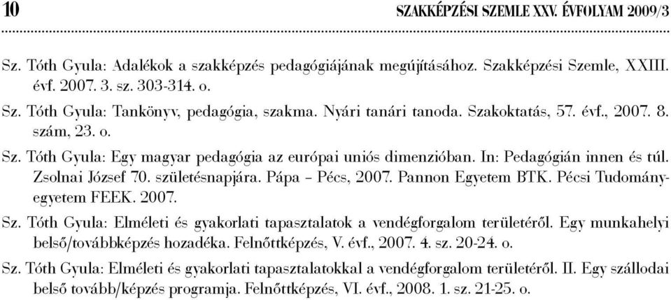 Pápa Pécs, 2007. Pannon Egyetem BTK. Pécsi Tudományegyetem FEEK. 2007. Sz. Tóth Gyula: Elméleti és gyakorlati tapasztalatok a vendégforgalom területéről. Egy munkahelyi belső/továbbképzés hozadéka.