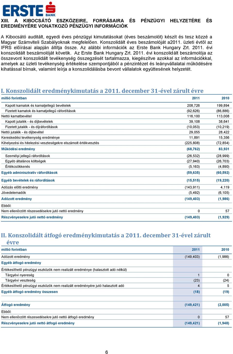 évi konszolidált beszámolóját követik. Az Erste Bank Hungary Zrt. 2011.