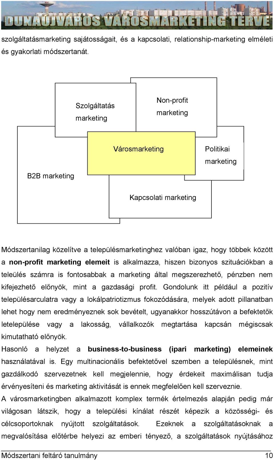 non-profit marketing elemeit is alkalmazza, hiszen bizonyos szituációkban a teleülés számra is fontosabbak a marketing által megszerezhető, pénzben nem kifejezhető előnyök, mint a gazdasági profit.